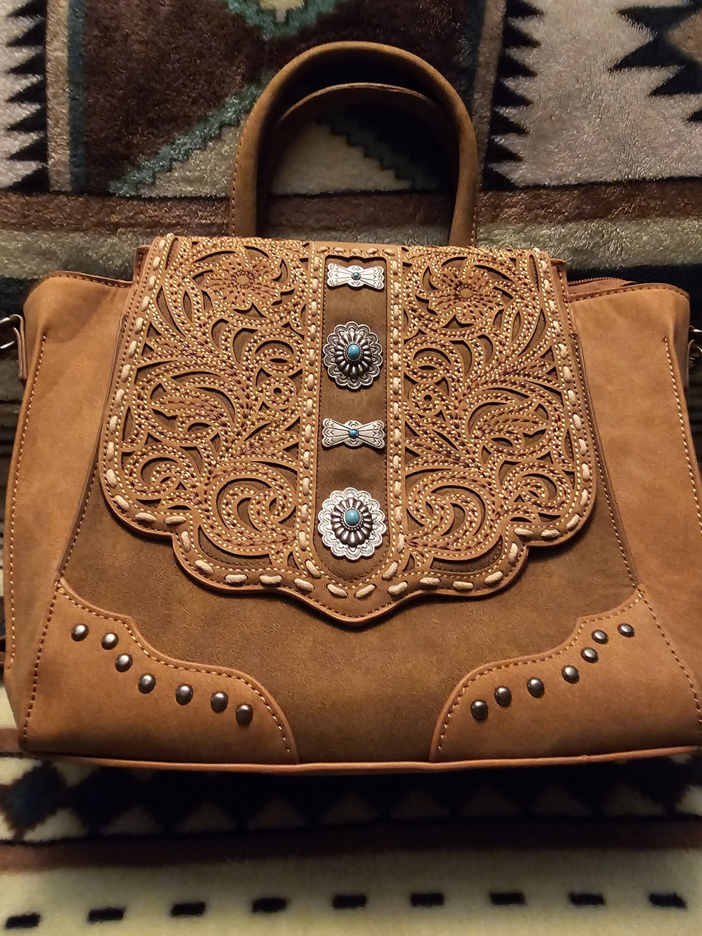 Montana West Tan Tooled Flap Shoulder Bag with Concho Accents